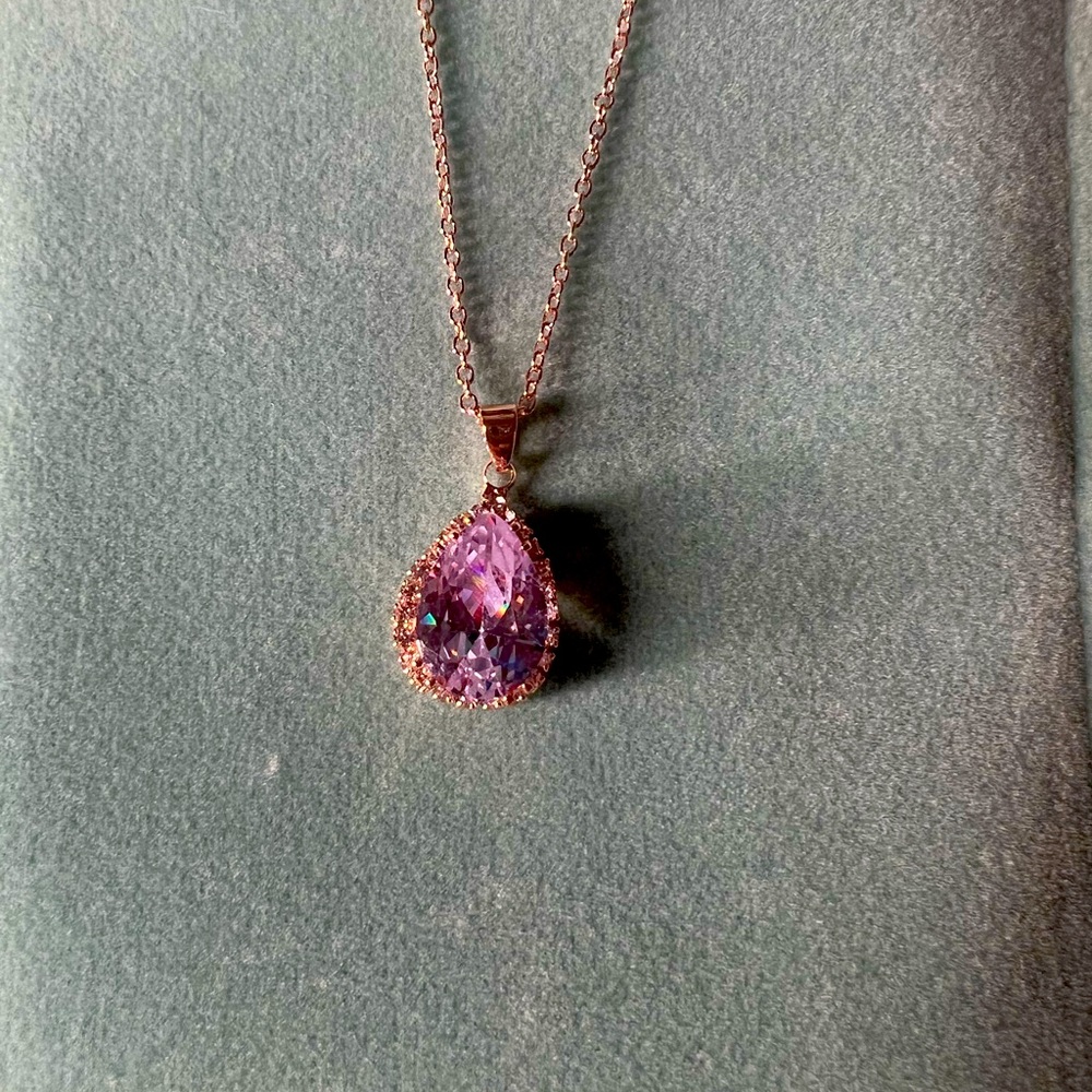 Lavender Crystal Diamond Teardrop Pendent Rose Gold Plated Necklace